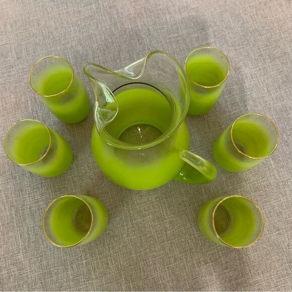Vintage MCM Kitchen Blendo Lime Green Pitcher 6 Glass Set - Picture 4 of 10
